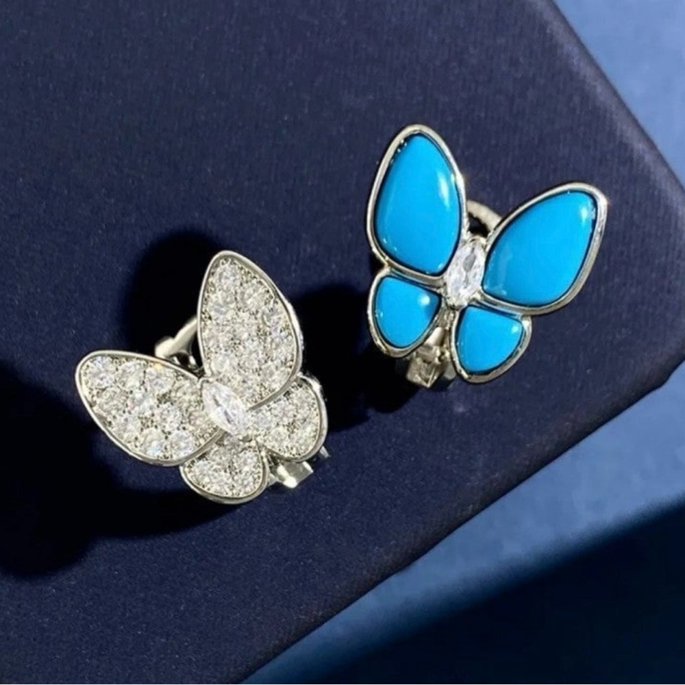 High Quality Silver Blue Butterfly Turquoise Asymmetric Earrings Cubic Zirconia